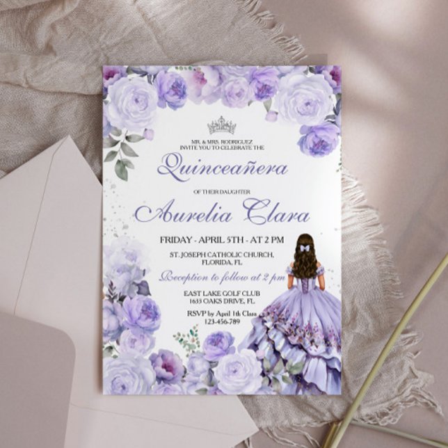 Convites Quinceañera Purple Lilac Floral Princesa Espanhola (Criador carregado)