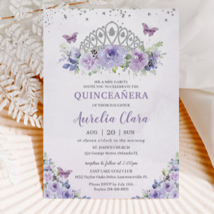 Convites Quinceañera Purple Lilac Floral Tiara Borboletas