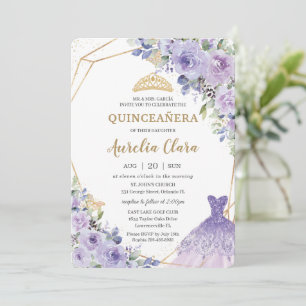 Convites Quinceañera Purple Lilac Floral Tiara Princess