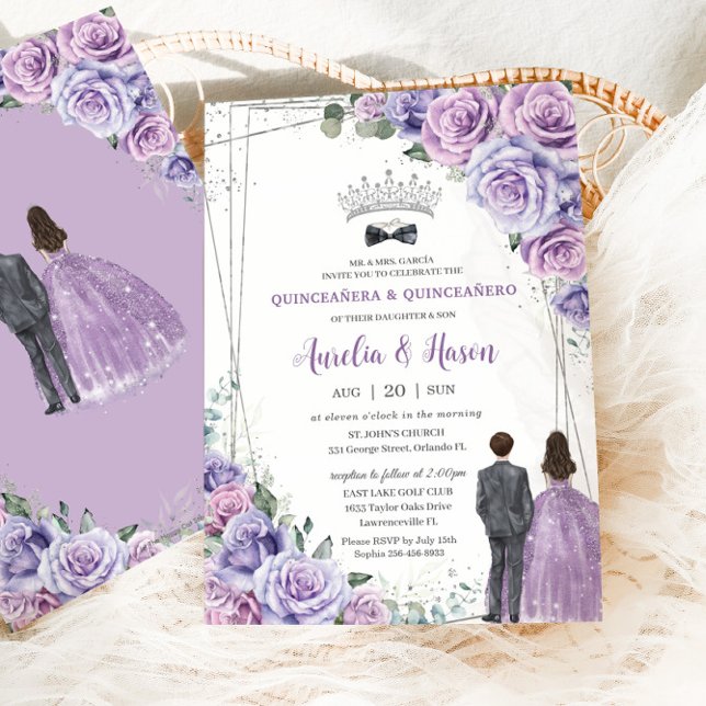 Convites Quinceañera Purple Lilac Gêmeas Florais Garota (Criador carregado)