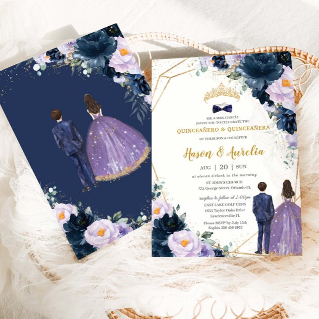 Convites Quinceañera Purple Lilac Marinho Azul Gêmeas Flora (Criador carregado)