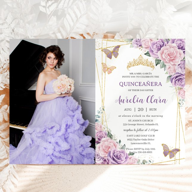 Convites Quinceañera Purple Lilac Pink Borboletas Florais (Criador carregado)