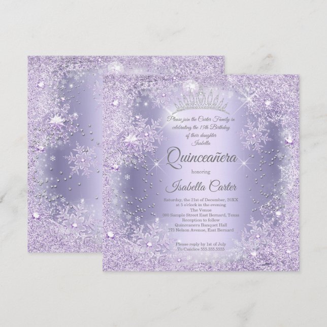 Convites Quinceanera Purple Lilac Snowflake Festa de invern (Frente/Verso)