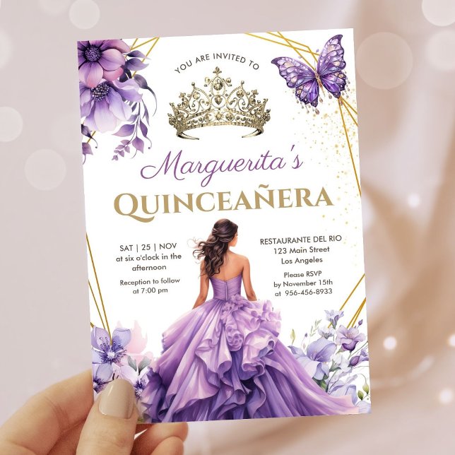 Convites Quinceañera Purple Lilac Tiara Borboleta Floral (Criador carregado)