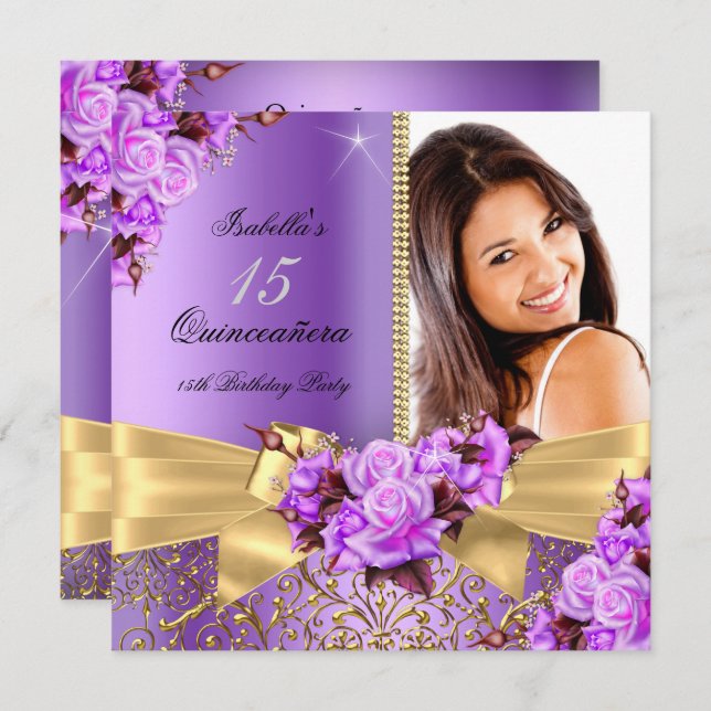Convites Quinceanera Purple Photo Dourado 15 Birthday (Frente/Verso)