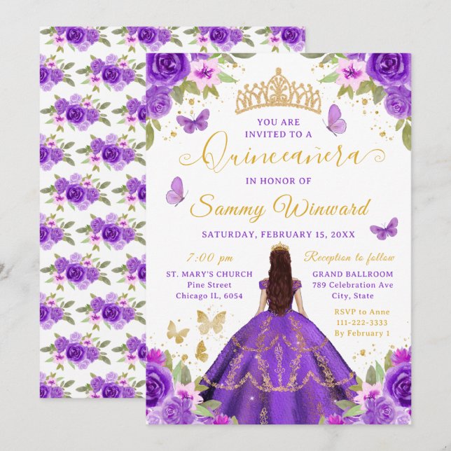Convites Quinceañera Purple Princess Brunette Girl (Frente/Verso)