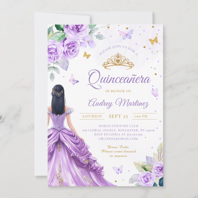 Convites Quinceanera Purple Rosa Butterfly Princess (Frente)