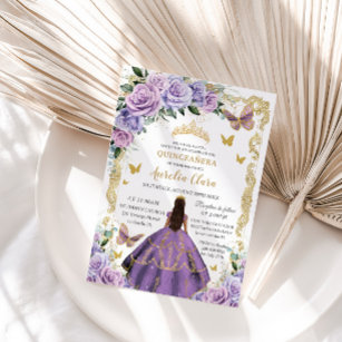 Convites Quinceañera Purple Rosa Floral Dourada Princesa