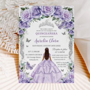 Convites Quinceañera Purple Rosa Floral Prata Princesa