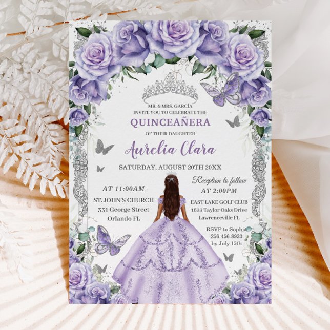 Convites Quinceañera Purple Rosa Floral Prata Princesa (Criador carregado)