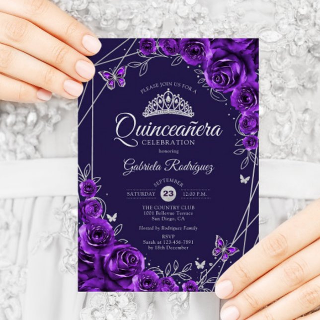 Convites Quinceanera Purple Silver Floral (Criador carregado)