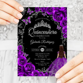 Convites Quinceanera Purple Silver Floral