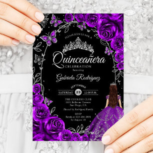 Convites Quinceanera Purple Silver Floral
