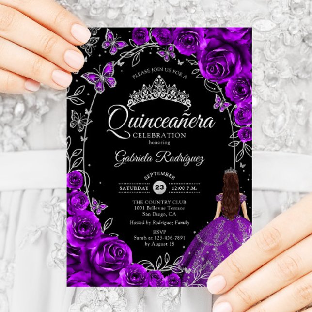 Convites Quinceanera Purple Silver Floral (Criador carregado)