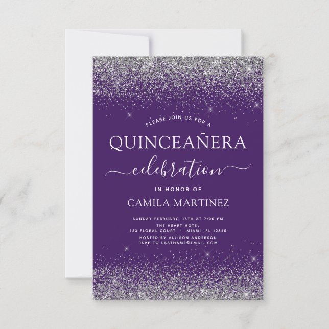 Convites Quinceanera Purple Silver Modern Glitter (Frente)