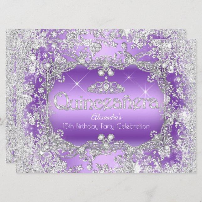 Convites Quinceanera Purple Silver Tiara Winter Wonderland (Frente/Verso)