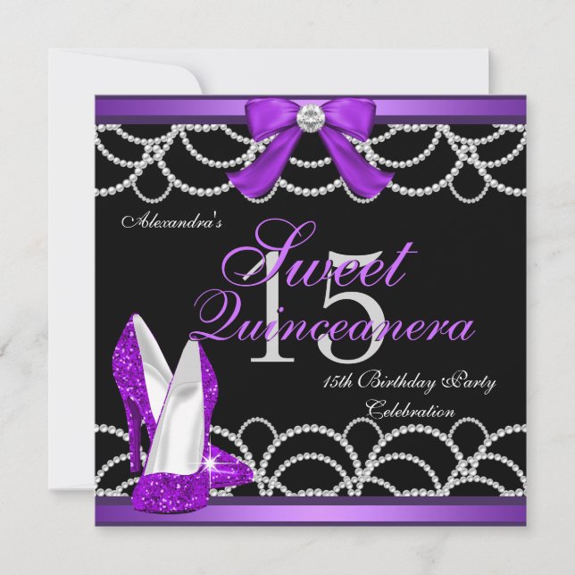 Convites Quinceanera Purple Sweet 15 Party Glitter Black (Frente)