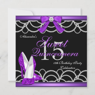 Convites Quinceanera Purple Sweet 15 Party Glitter Black