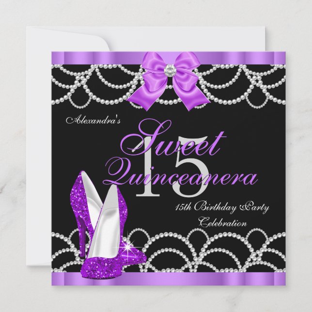 Convites Quinceanera Purple Sweet 15 Party Glitter Black (Frente)