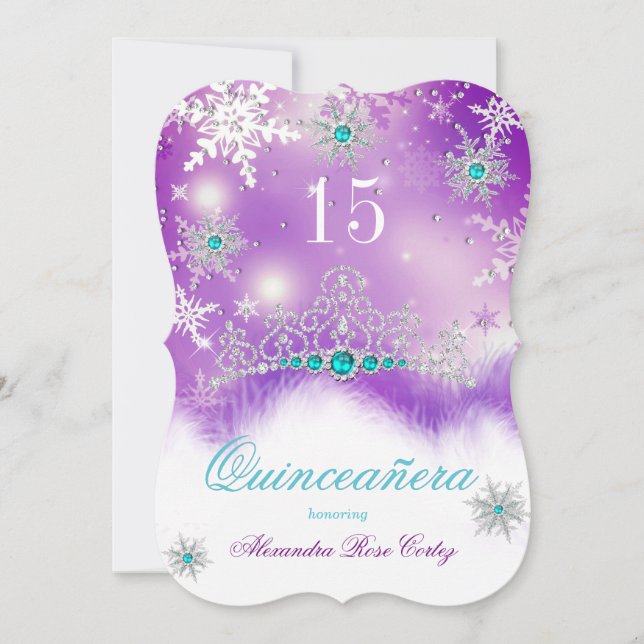 Convites Quinceanera Purple Teal Blue Pearl Floco de neve (Frente)