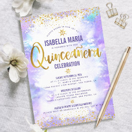 Convites Quinceañera Purple Watercolor Gold Foil Elegante