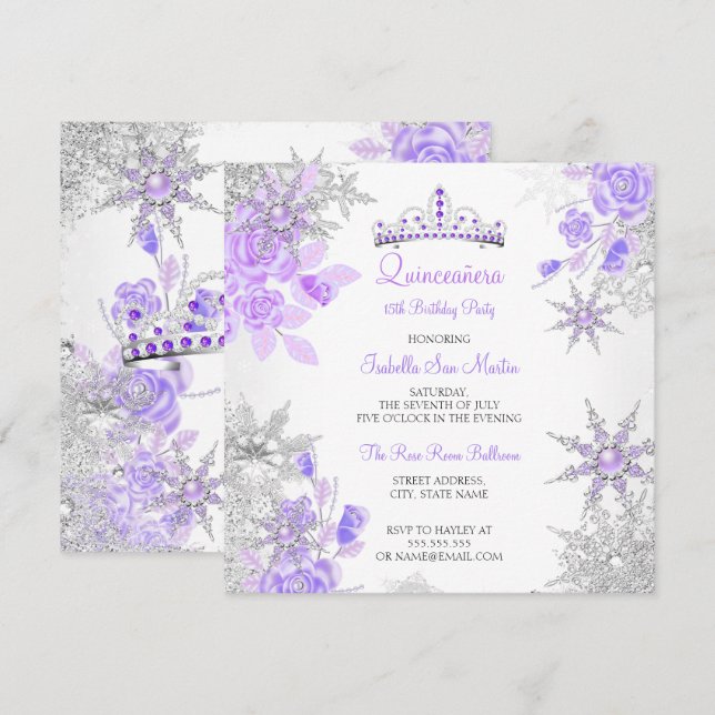 Convites Quinceanera Purple Winter Wonderland Snowflake (Frente/Verso)