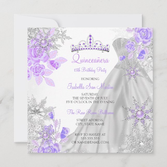 Convites Quinceanera Purple Winter Wonderland Snowflake 2 (Frente)