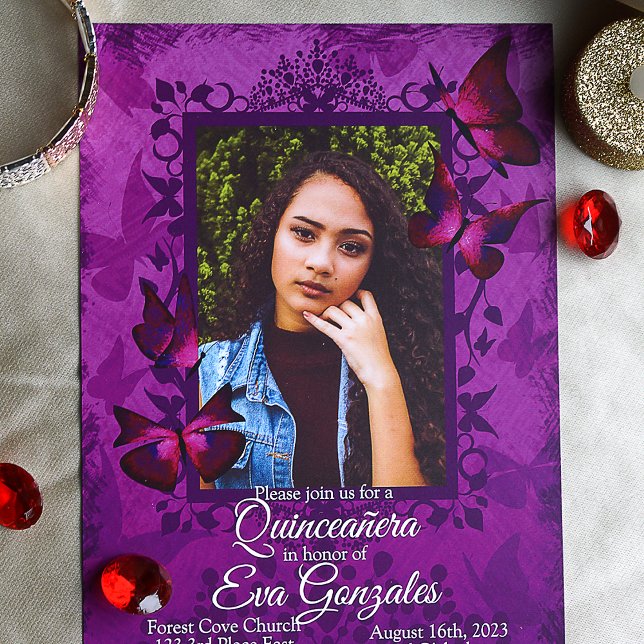 Convites Quinceanera Púrpura, Borboleta Rosa (Purple and red mis quince butterfly invitations for elegant purple quinceanera)