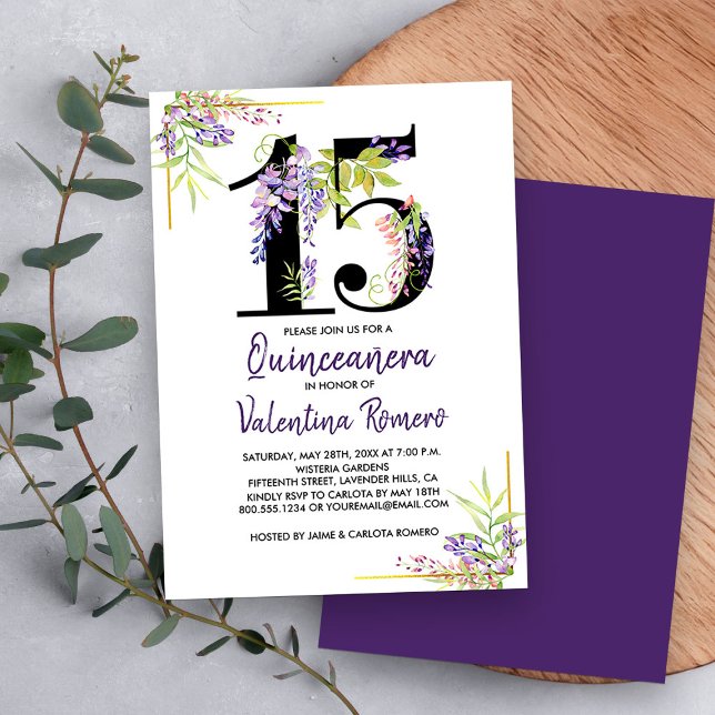 Convites Quinceanera Púrpura Floral Número 15 Aniversário (Floral Number 15, 15th birthday invitation from my Purple Wisteria Quinceanera Collection
)