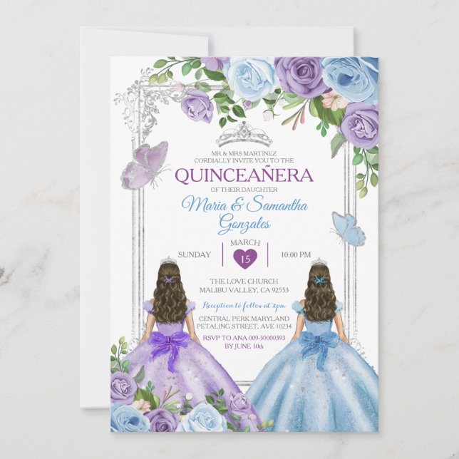Convites Quinceañera, Púrpura Gêmea E Borboleta Azul (Frente)
