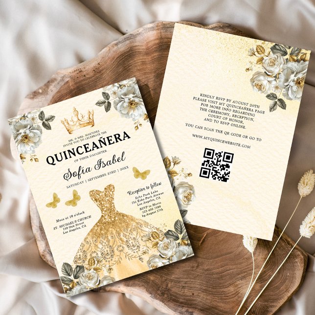 Convites Quinceanera QR Code Floral Dourada Princess (Criador carregado)