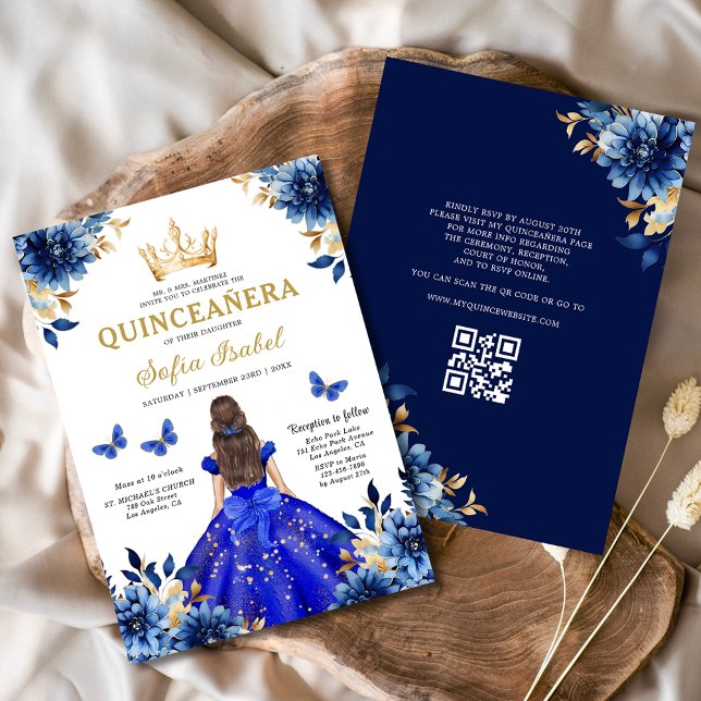 Convites Quinceanera QR Code Royal Blue Butterfly Princess (Criador carregado)