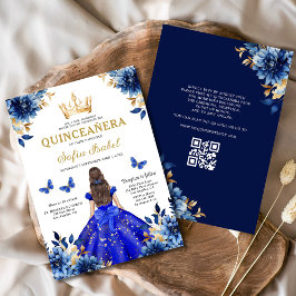 Convites Quinceanera QR Code Royal Blue Butterfly Princess