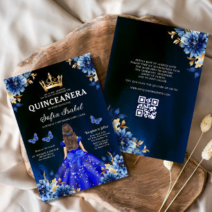 Convites Quinceanera QR Code Royal Blue Butterfly Princess