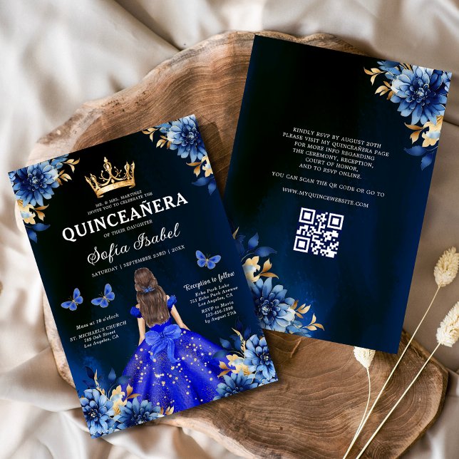 Convites Quinceanera QR Code Royal Blue Butterfly Princess (Criador carregado)