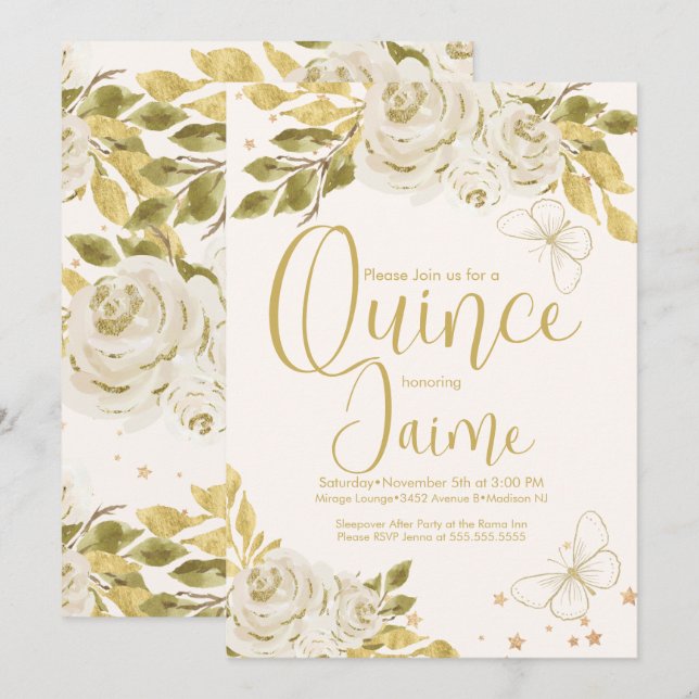 Convites Quinceanera Quince Watercolor Butterflies Ivory (Frente/Verso)