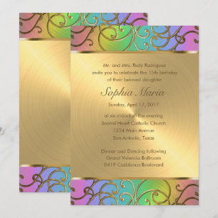 Convites Quinceanera Rainbow e Filigree Swirls Dourados