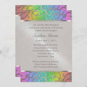 Convites Quinceanera Rainbow e Silver Filigree Swirls