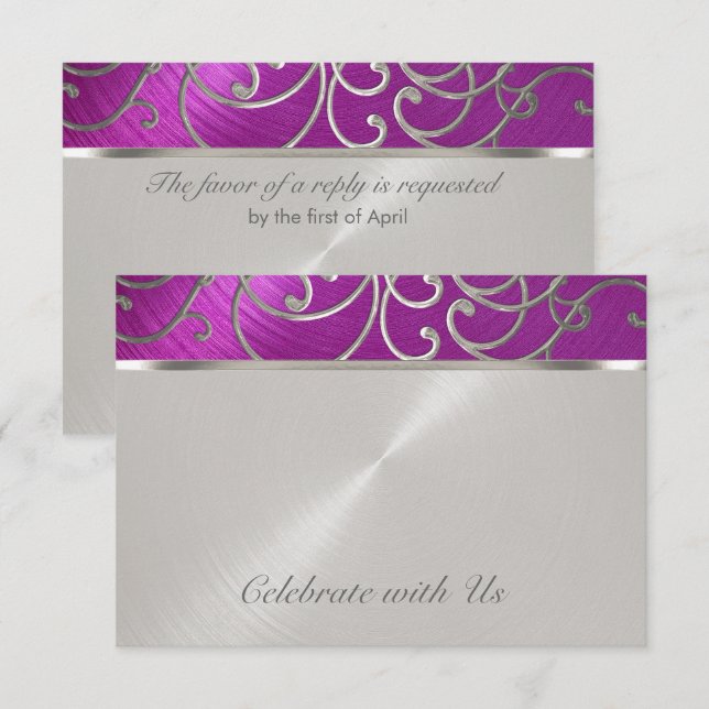 Convites Quinceanera Raspberry e Silver Filigree Swirls (Frente/Verso)
