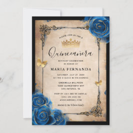 Convites Quinceanera Real Azul Dourado Aquarela Elegante