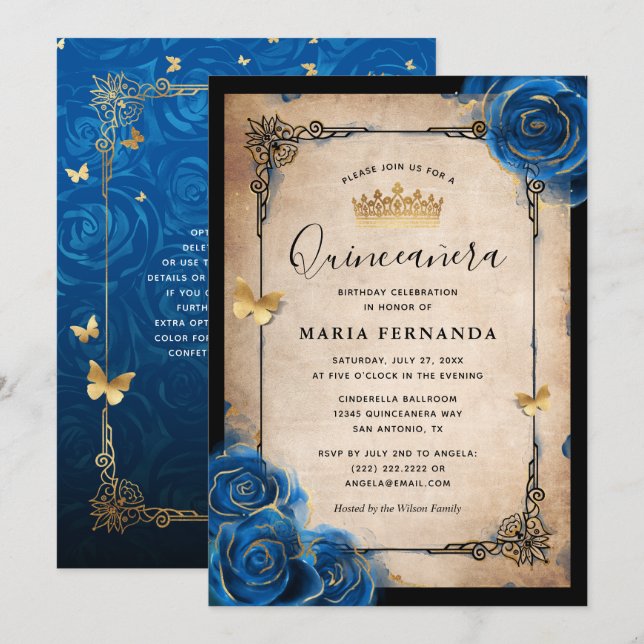 Convites Quinceanera Real Azul Dourado Aquarela Elegante (Frente/Verso)
