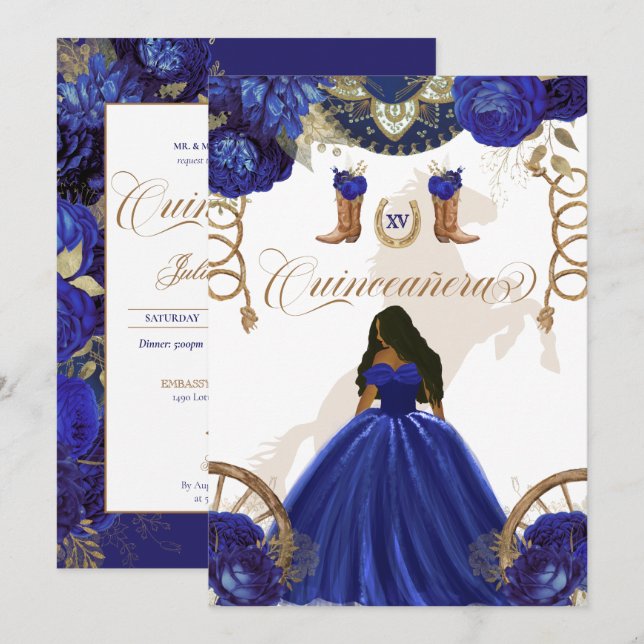 Convites Quinceanera Real Azul Dourado Ocidental Charro 2 L (Frente/Verso)