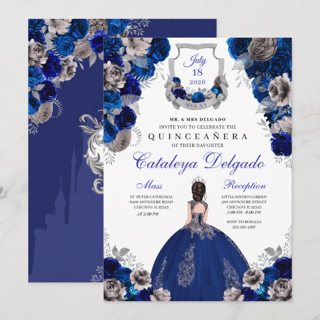 Convites Quinceañera Real Azul e Silver Floral Elegante (Frente/Verso)