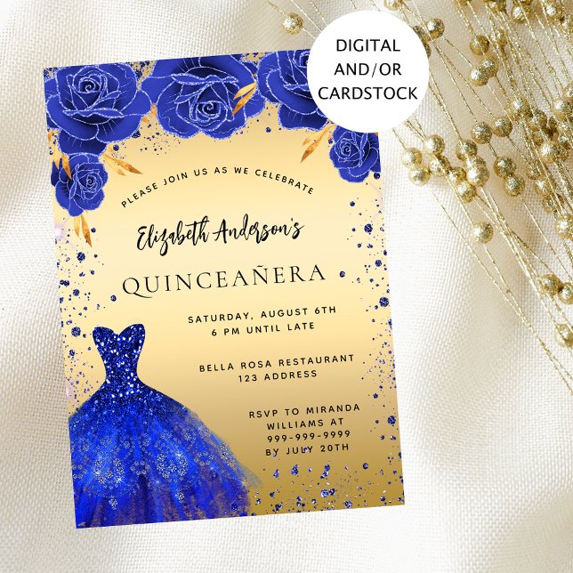 Convites Quinceanera real de ouro azul esfolado florais (Criador carregado)