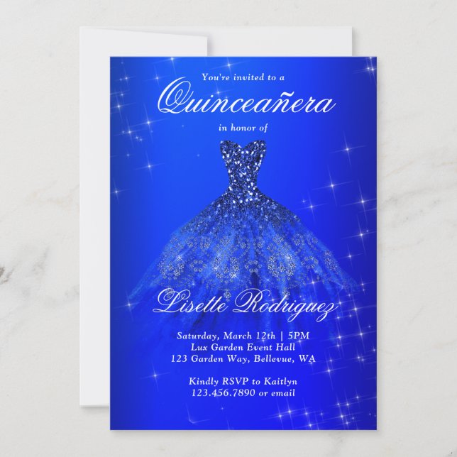 Convites Quinceanera Real de Vestido Azul Elegante (Frente)