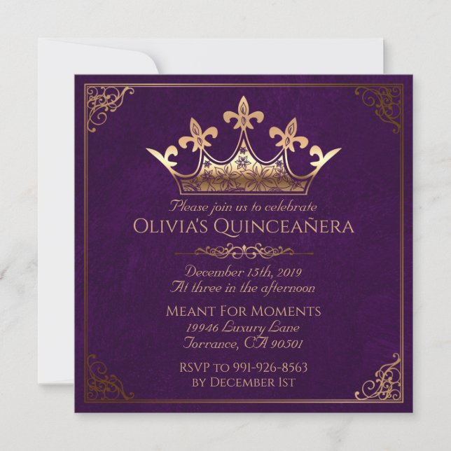 Convites Quinceanera real roxo e Dourado (Frente)