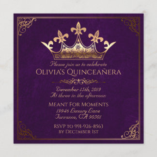 Convites Quinceanera real roxo e Dourado