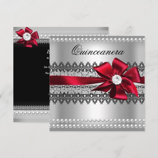 Convites Quinceanera Red Arco Preto Pearl Lace Diamond (Frente/Verso)