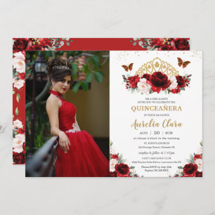 Convites Quinceañera Red Blush Borboletas Florais Coroa