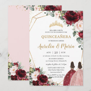 Convites Quinceañera Red Blush Rosa Rosa Dourada Gêmeas F
